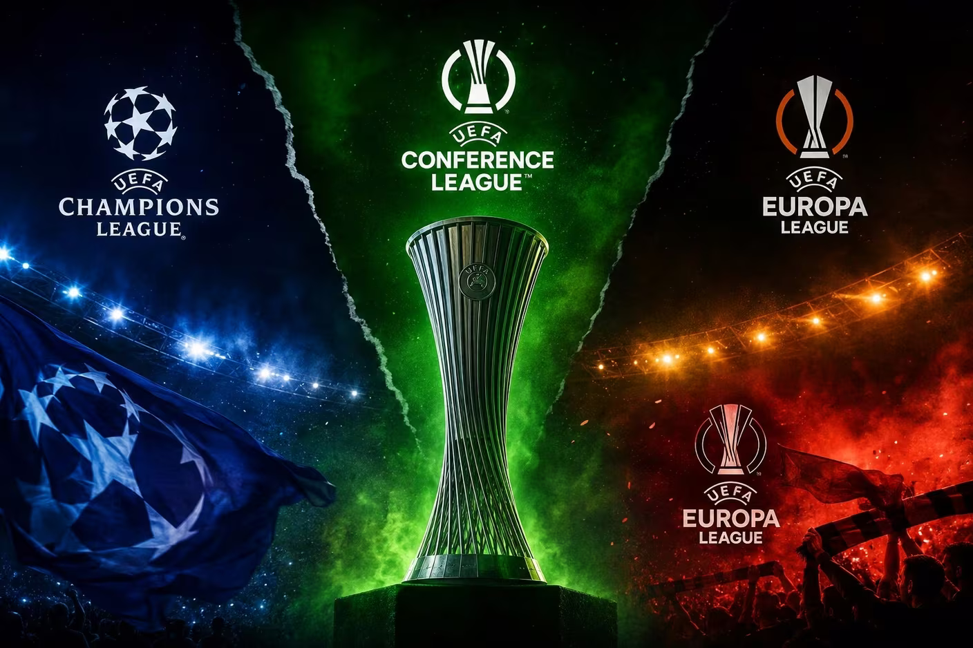 UEFA Conference League trophy alongside the Champions League and Europa League emblems