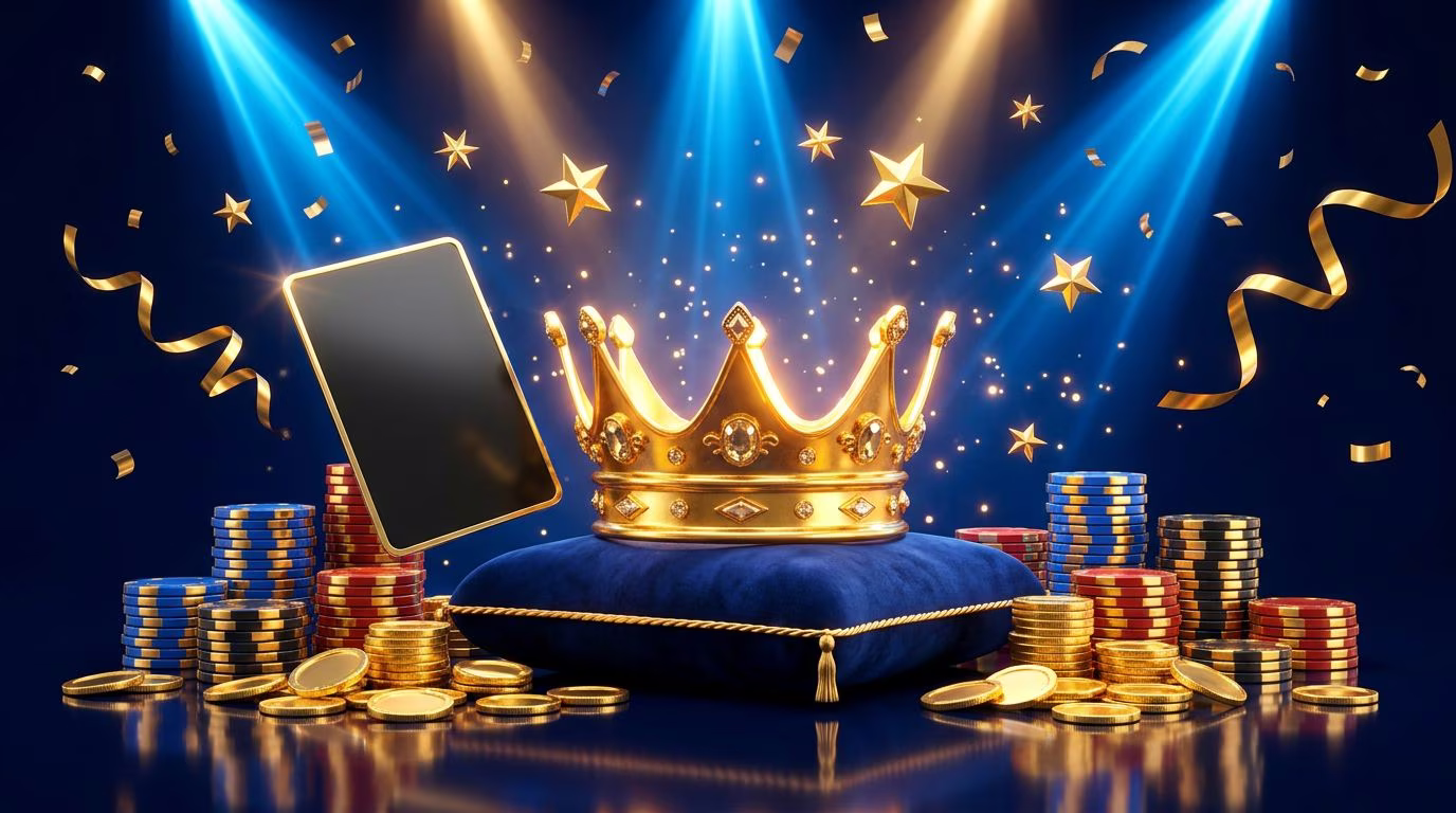 Golden crown on a blue velvet cushion surrounded by casino chips, gold coins and glowing stars