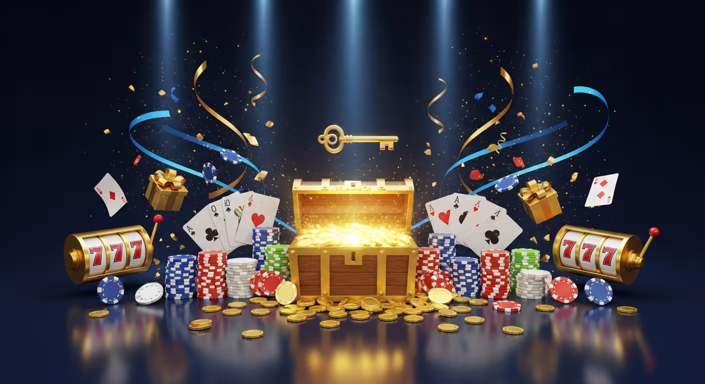 Treasure chest full of golden coins surrounded by casino chips, cards and slot reels